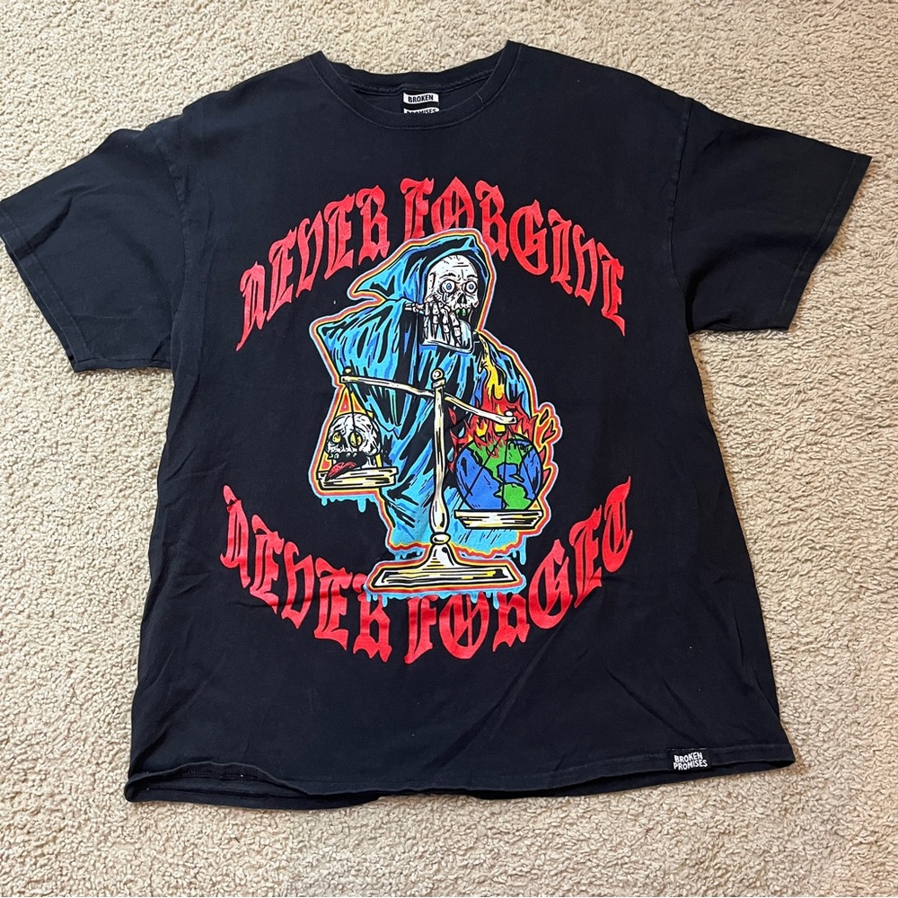 Broken Promises Graphic T-Shirt Men's XL Black Never Forgive Skeleton Forget